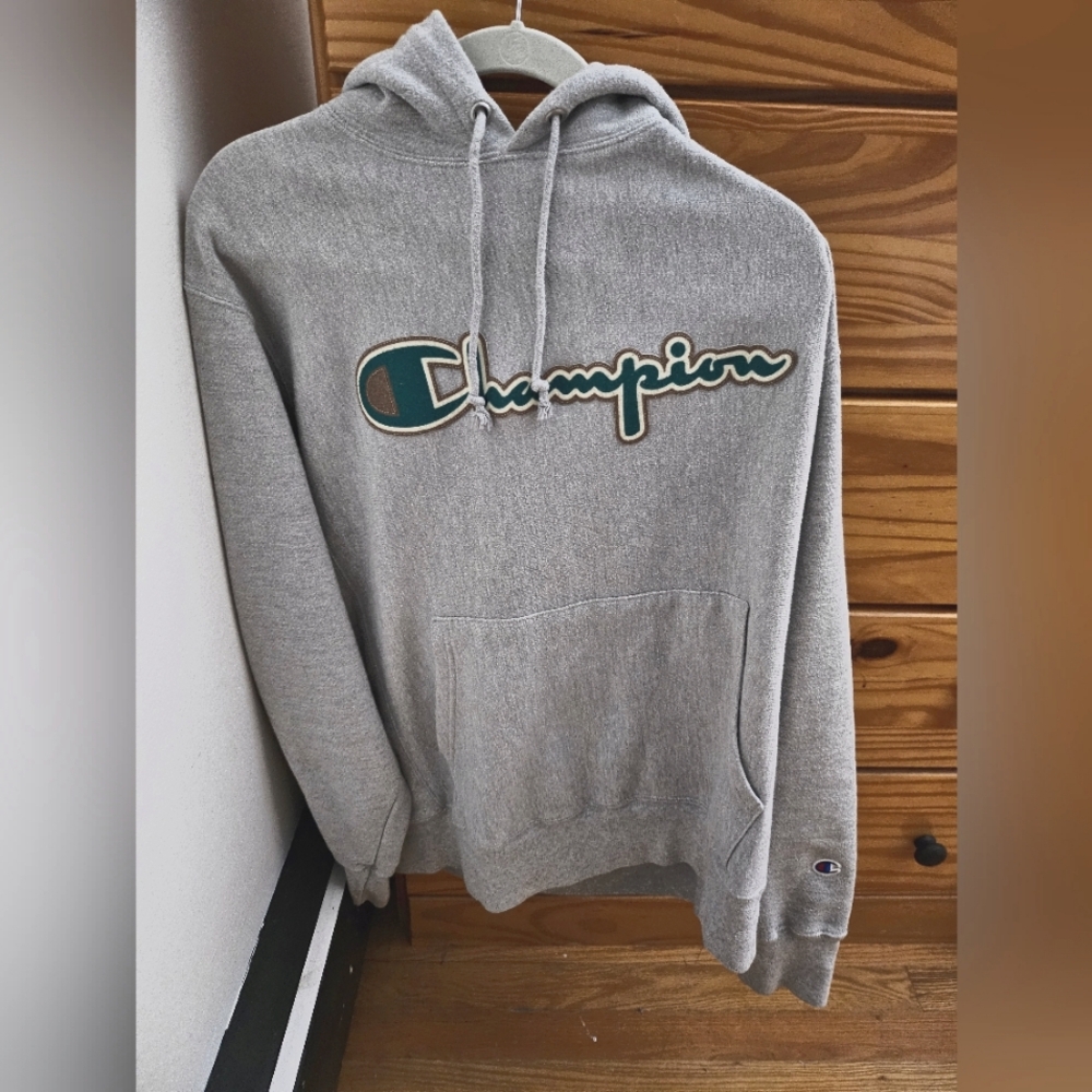 Gray Champion Hoodie with green and tan lettera